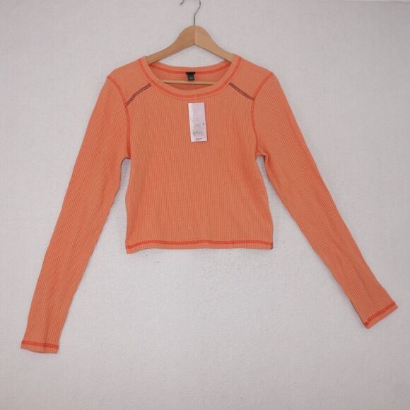 NEW Wild Fable Cropped Long Sleeve Baby Tee Shirt Women's Large Coral Peach - Picture 2 of 6